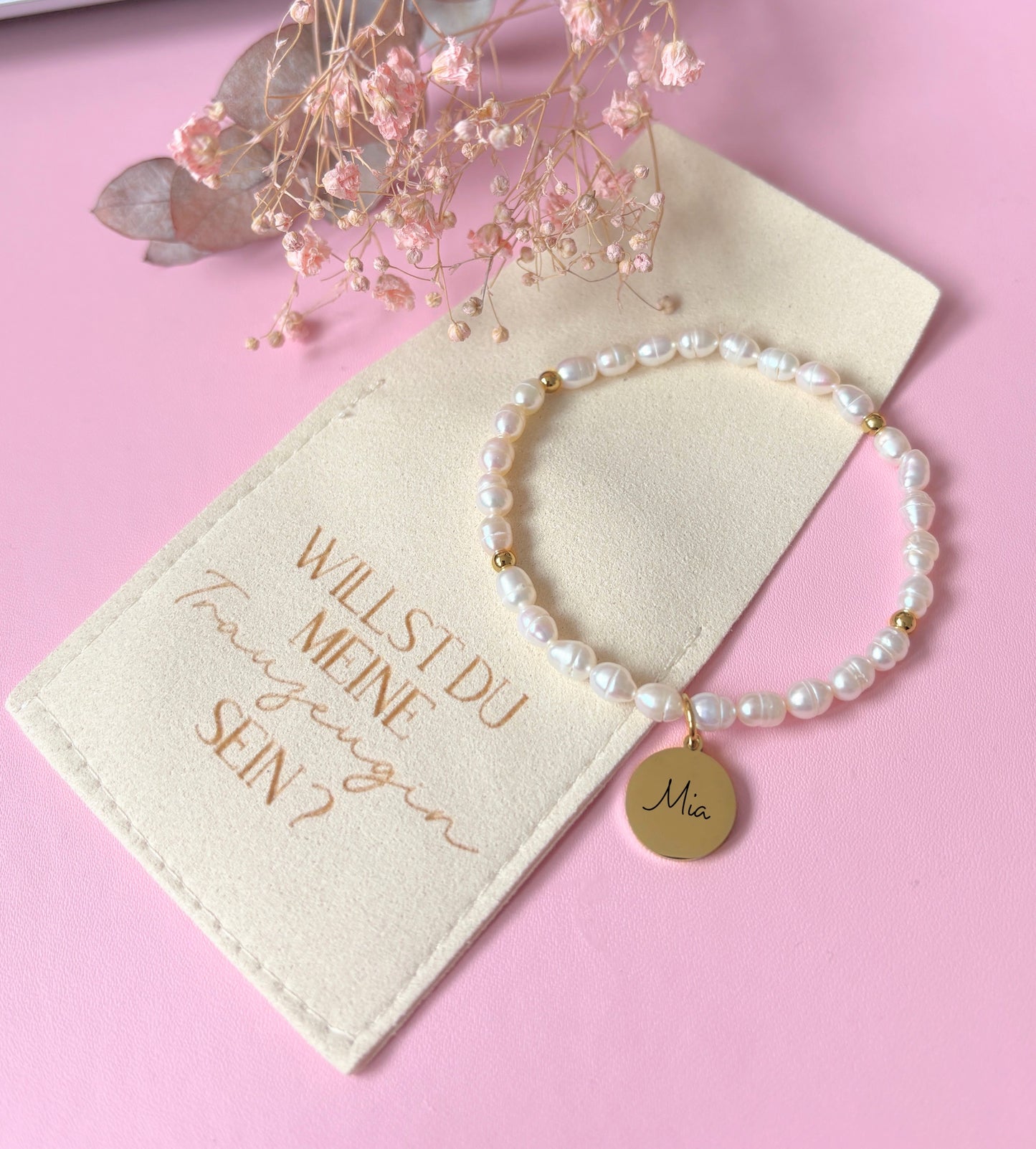 Trauzeugin Süßwasserperlenarmband personalisiert mit Beutel
