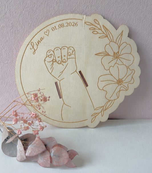 Holzschild Geburtsbändchen, personalisiert